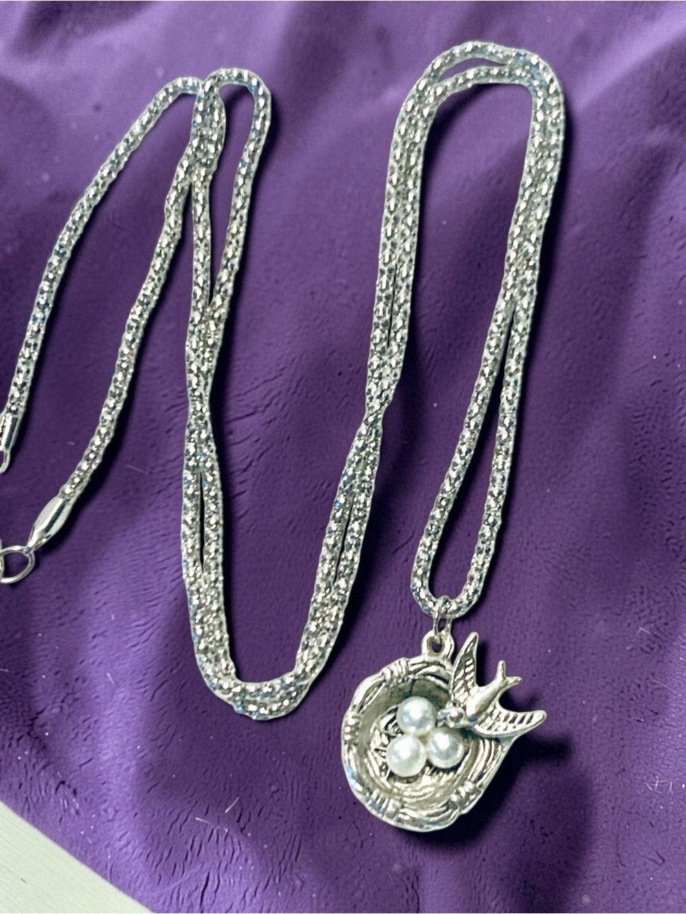 Silver Bird Nest Necklace with Pearl egg accents Pendant & a popcorn chain - Picture 2 of 4